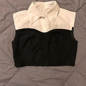 Black and White Sleeveless Crop Top with Notched Collar
